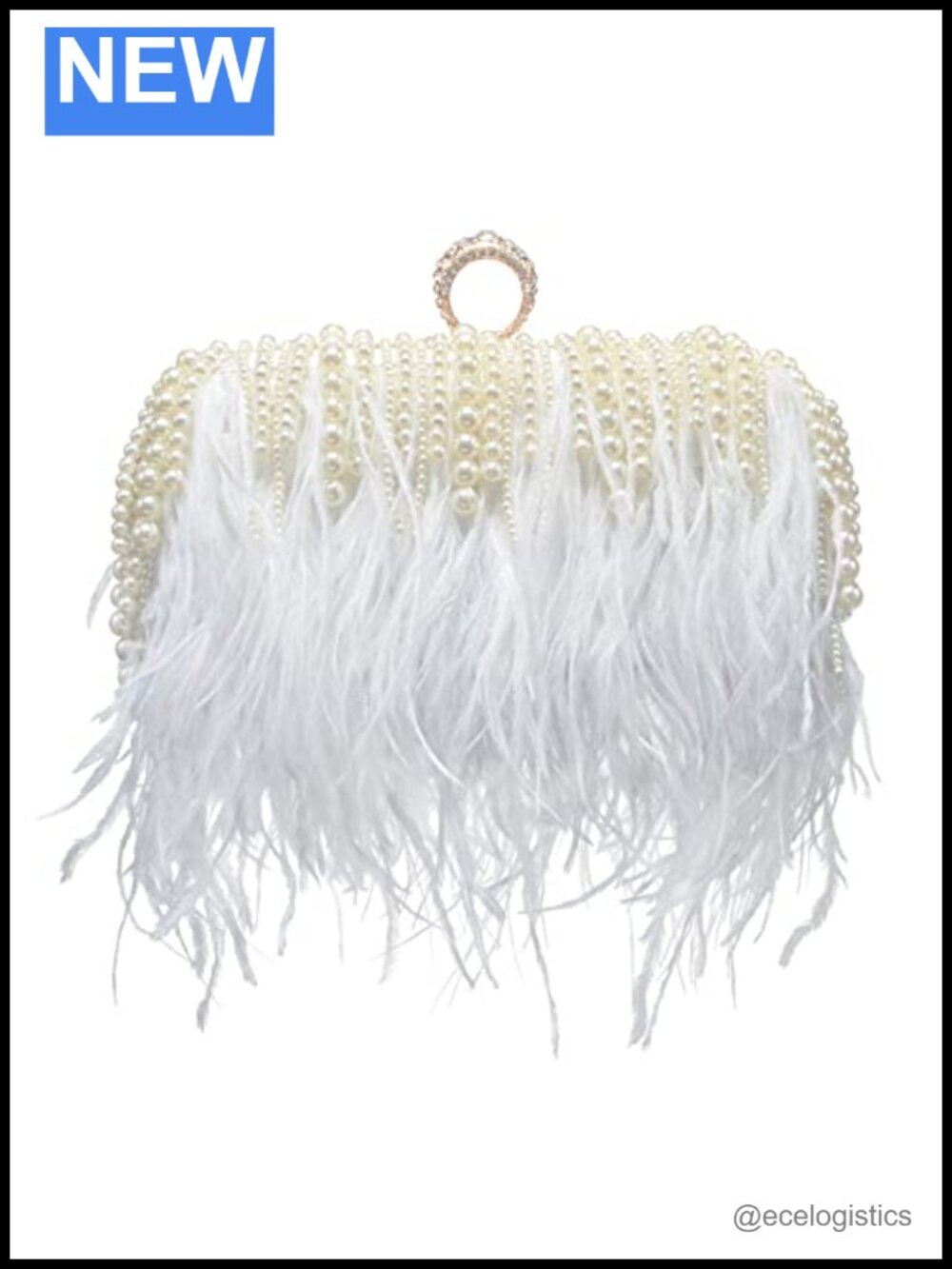 Ostrich Feather Pearl Evening Clutch with Chain Strap Wedding Party Bag